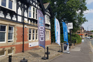 CRYONiQ showroom seen from street with banners with cold air chamber for sale in UK Manchester