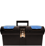Black toolbox with blue lid for equipment servicing